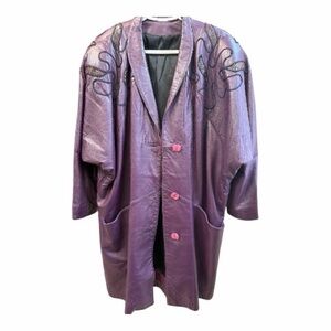 Vintage Purple Embellished Leather Coat with Contrast Buttons